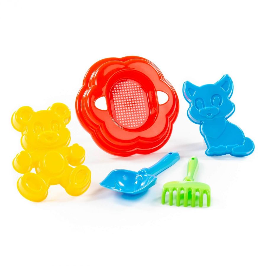 Набор №90: ситечко-цветок большое, лопатка №5, грабельки №5, формочки (котёнок + медведь)