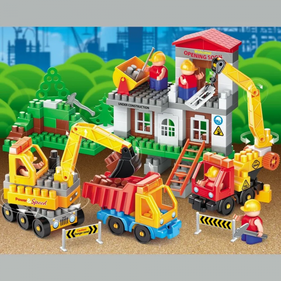 Конструктор "Стройка" Набор строительная площадка с автокраном, грузовиком и бульдозером