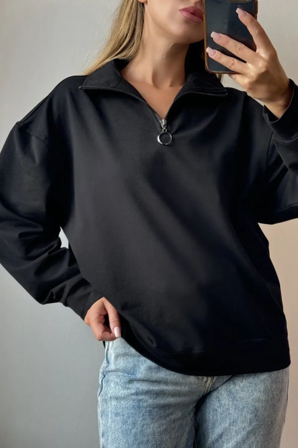 Женский свитшот на молнии оверсайз начес 14427 [черный]