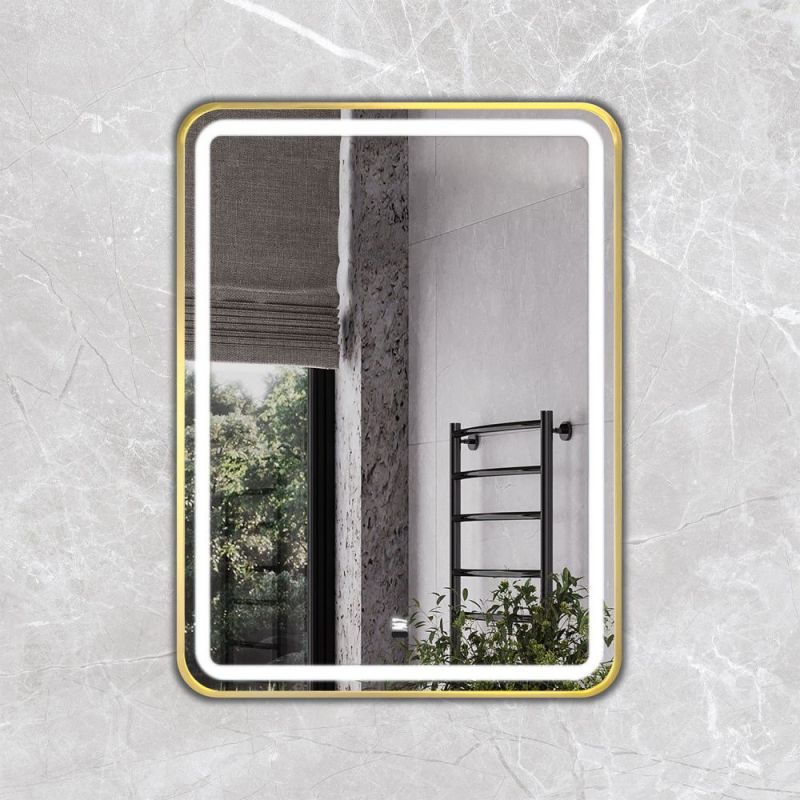 Зеркало в золотой алюминиевой раме 60 см для ванной комнаты Comforty Ситара-60, LED-подсветка, бесконтактный сенсор