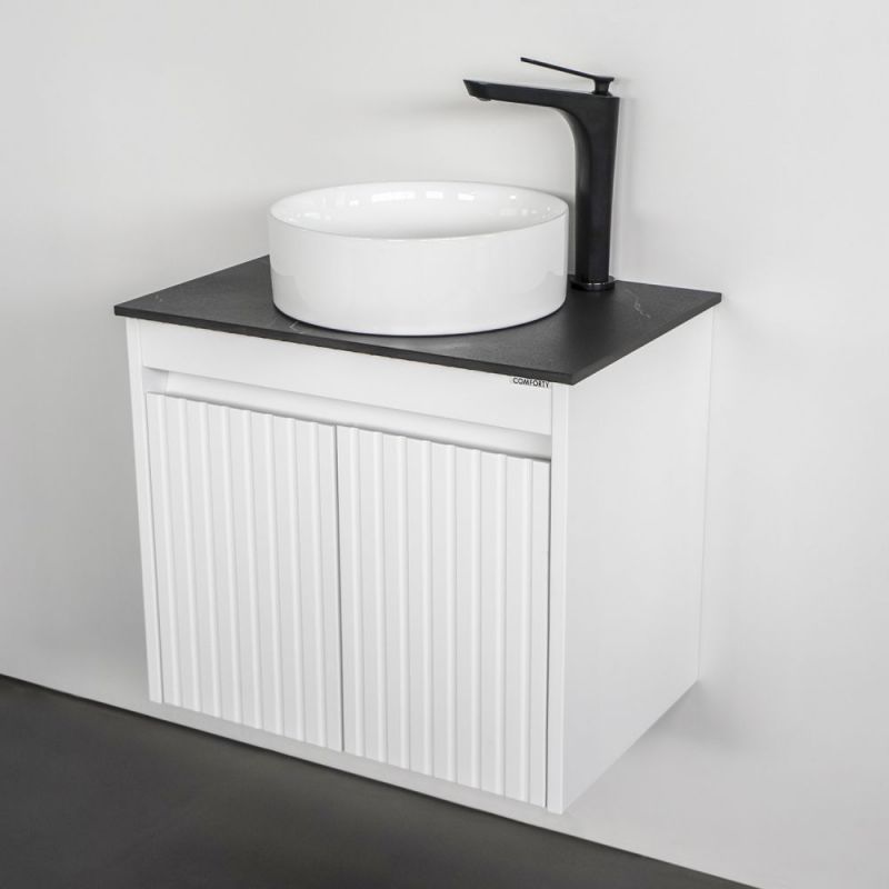 Тумба с умывальником "Двина-60ПД" белая матовая со столешницей под мрамор Калакатта Блэк с раковиной COMFORTY 9111