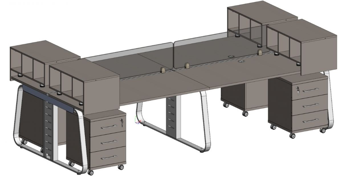 Бенч на 4 места с  контейнерами, экранами и тумбами