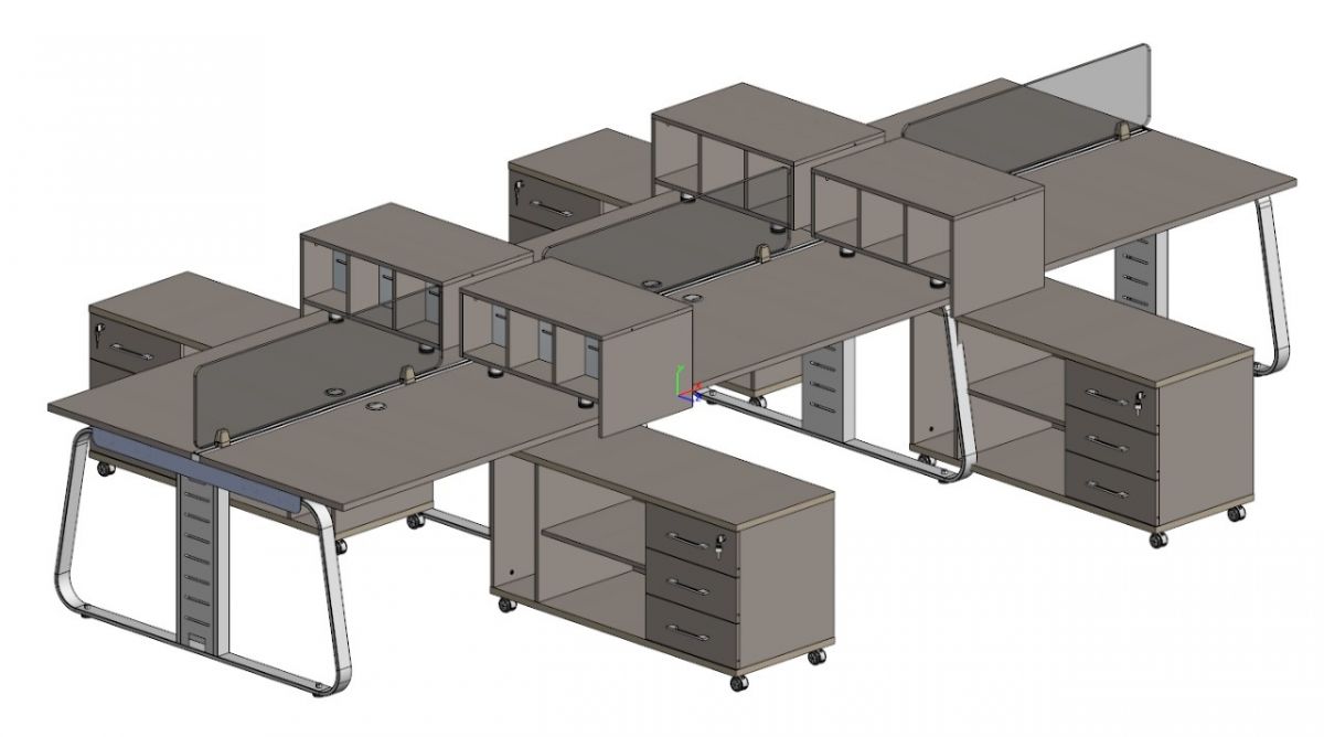 Бенч на 6 мест с  контейнерами, экранами и подкатными сервисными тумбами
