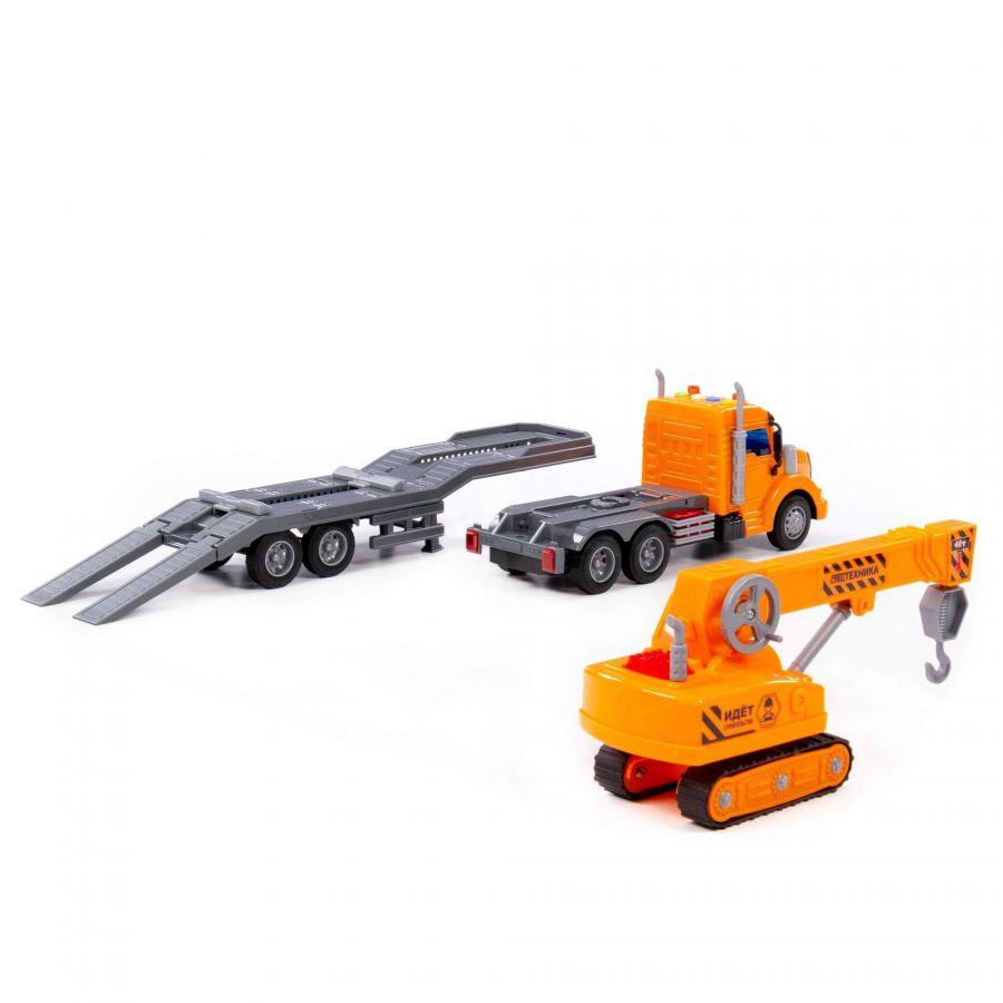 "Профи", автомобиль-трейлер инерционный (со светом и звуком) + гусеничный кран (в коробке)