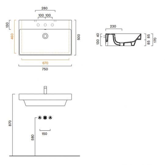 Раковина Catalano Zero 120750001 75x50 см без отверстий цвет белый глянцевый схема 2 Раковина Catalano Zero 120750001 75x50 см без отверстий цвет белый глянцевый схема 2