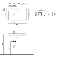 Раковина Catalano Zero 120791001 75x50 см чаша слева с 1 отверстием цвет белый глянцевый схема 2