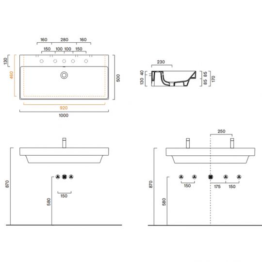 Раковина Catalano Zero 121001001 100x50 см с 1 отверстием цвет белый глянцевый схема 2