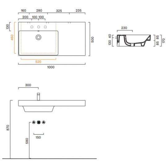 Раковина Catalano Zero 121040001 100x50 см чаша слева без отверстий цвет белый глянцевый схема 2