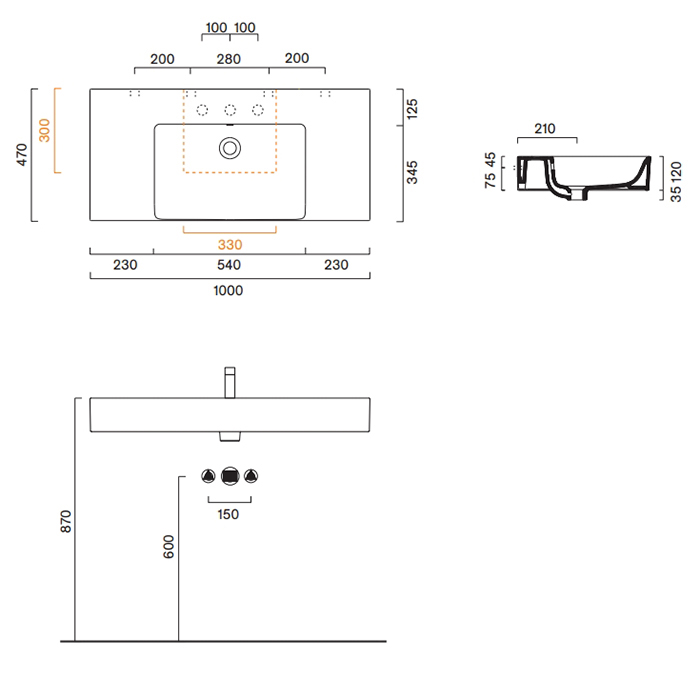 Раковина Catalano Premium 221010001 100x47 см чаша в центре без отверстий цвет белый глянцевый ФОТО