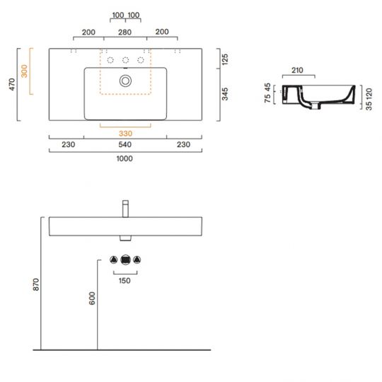Раковина Catalano Premium 221010001 100x47 см чаша в центре без отверстий цвет белый глянцевый схема 2