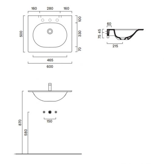 Раковина Catalano Sfera 520611032 60x50 см с 1 отверстием цвет Tortora Satinato схема 2
