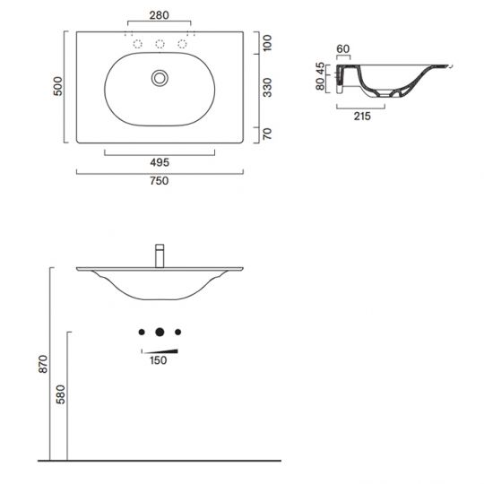 Раковина Catalano Sfera 520761021 75x50 см с 1 отверстием цвет белый матовый схема 2