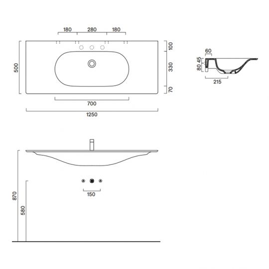 Раковина Catalano Sfera 521260021 125x50 см без отверстий цвет белый матовый схема 2