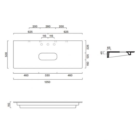 Столешница керамическая Catalano 831250032 125x50см с отверстием  цвет: Tortora Satinato схема 2