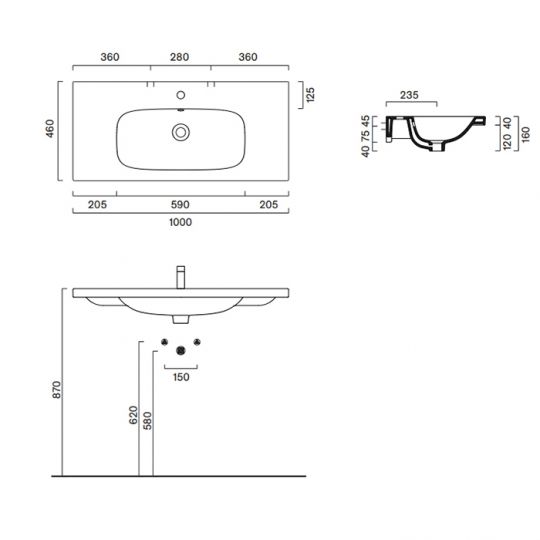 Раковина встраиваемая/подвесная Catalano Alvea 100x46 см покрытие Cataglaze+ цвет белый глянцевый схема 3 Раковина встраиваемая/подвесная Catalano Alvea 100x46 см покрытие Cataglaze+ цвет белый глянцевый схема 3