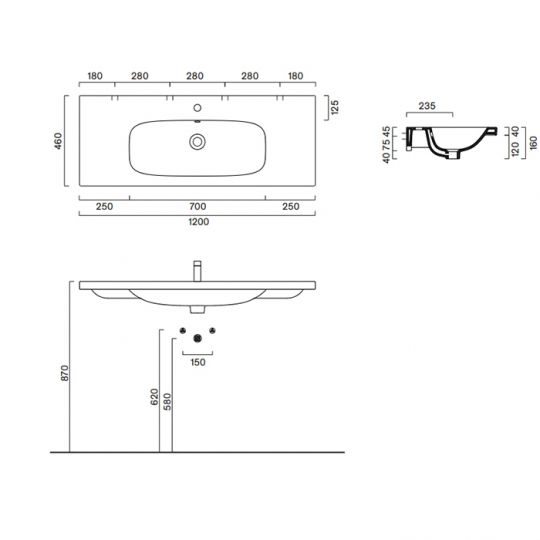 Раковина встраиваемая/подвесная Catalano Alvea 621210001 120x46 см покрытие Cataglaze+ цвет белый глянцевый схема 3