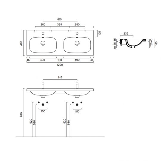 Раковина двойная встраиваемая/подвесная Catalano Alvea 621220001 120x46 см покрытие Cataglaze+ схема 3