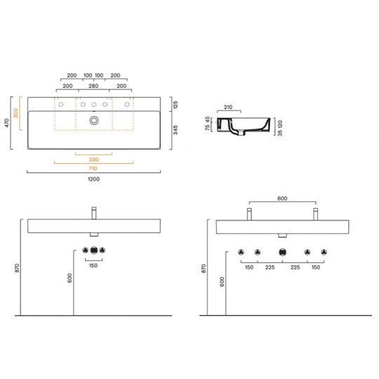 Раковина подвесная Catalano PREMIUM 221202001 120x47 см покрытие Cataglaze+ схема 10