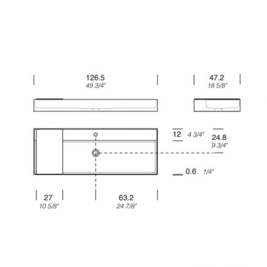 Раковина накладная NOORTH Milldue edition MAN 126 126,5х47,2х12 см из CRISTALPLANT с 1 отв для смесителя, цвет белый матовый схема 2