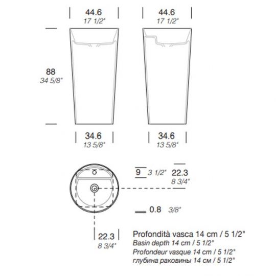 Раковина напольная NOORTH Milldue edition AZUMA 88 44х44x88 см из CRISTALPLANT слив в стену, 1 отв для смесителя, цвет белый матовый схема 2