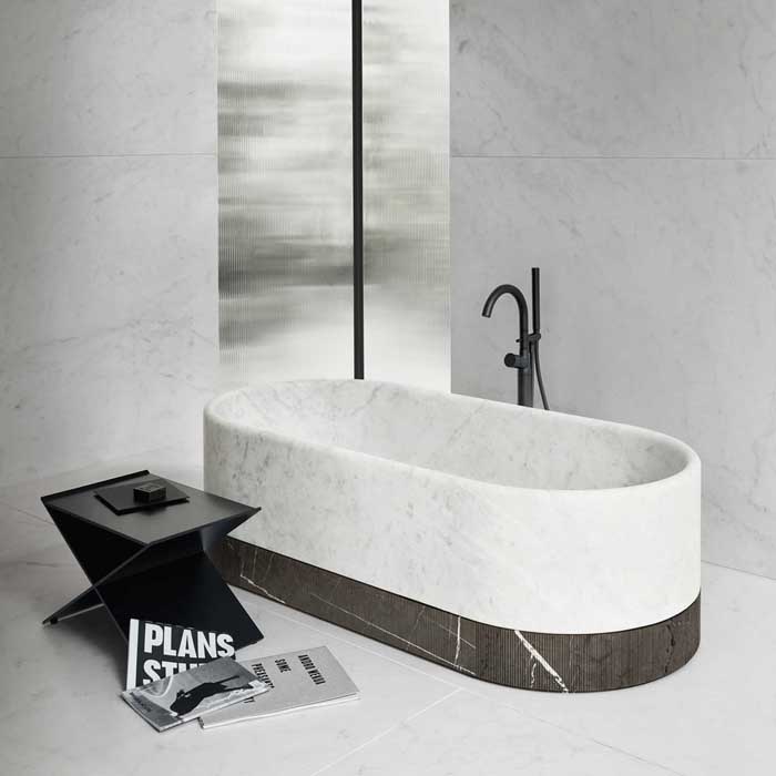 Изображение Ванна отдельностоящая NOORTH Milldue edition ROMA F 170x80х50см, без перелива, с сифоном, цоколь Grafite, цвет: Bianco Carrara