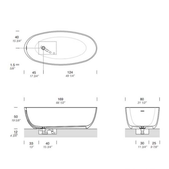 Ванна отдельностоящая NOORTH Milldue edition OVAL 169х80х50см, с сифоном, cristalplant, фурнитура хром, цвет белый матовый схема 2
