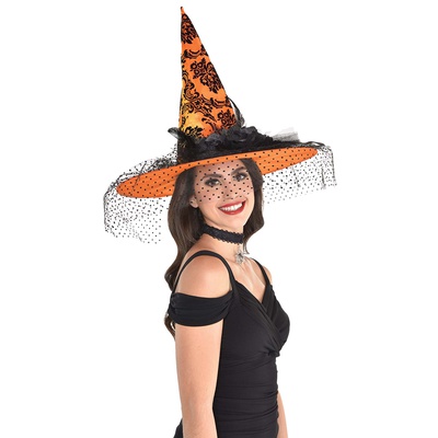 Шляпа Ведьмы Вуаль оранжевая
