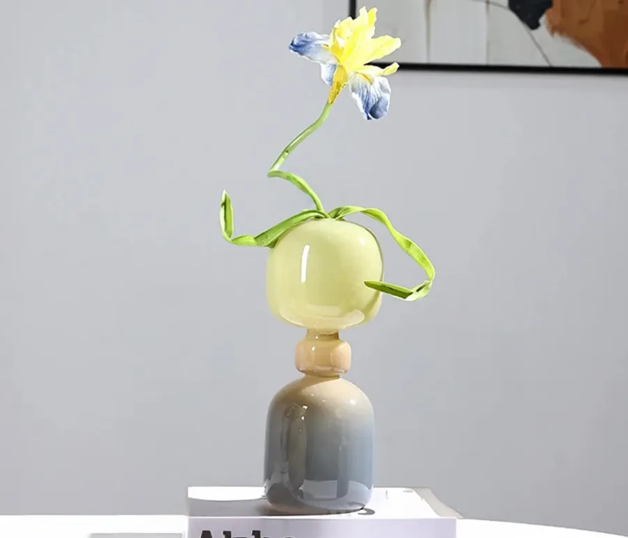 Ваза стеклянная D10 * H25 см, 1 шт., градиент серый/лимонный/зеленый