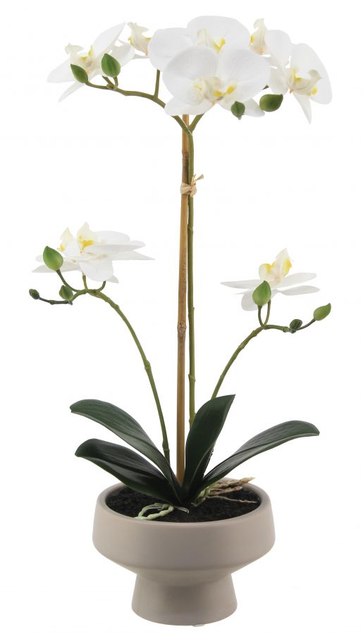Искусственная орхидея в керамическом горшке, высота 46 см, цвет белый, количество соцветий 3