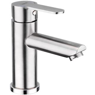 Frap F10801 lavabo kranının ön görünüşü - satin rəngli paslanmaz polad korpusu, tək qolu və aşağı qısa izləvi ilə müasir zərif dizaynı nümayiş etdirir.