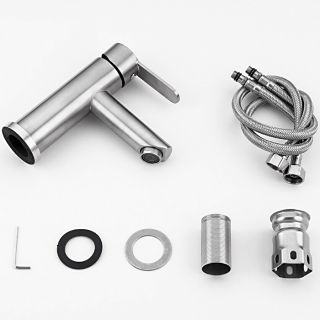 Frap F10801 lavabo kranının ön görünüşü - satin rəngli paslanmaz polad korpusu, tək qolu və aşağı qısa izləvi ilə müasir zərif dizaynı nümayiş etdirir.