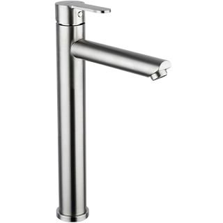 Frap F10801-2 lavabo kranının ön görünüşü - satin rəngli paslanmaz polad korpusu, yüksək izliv və tək qolu ilə müasir və praktik dizaynı nümayiş etdirir.