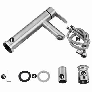 Frap F10801-2 lavabo kranının yan və montaj detalları - aerator, elastik birləşmələr və keramika kartric ilə asan quraşdırma və keyfiyyəti vurğulayır.