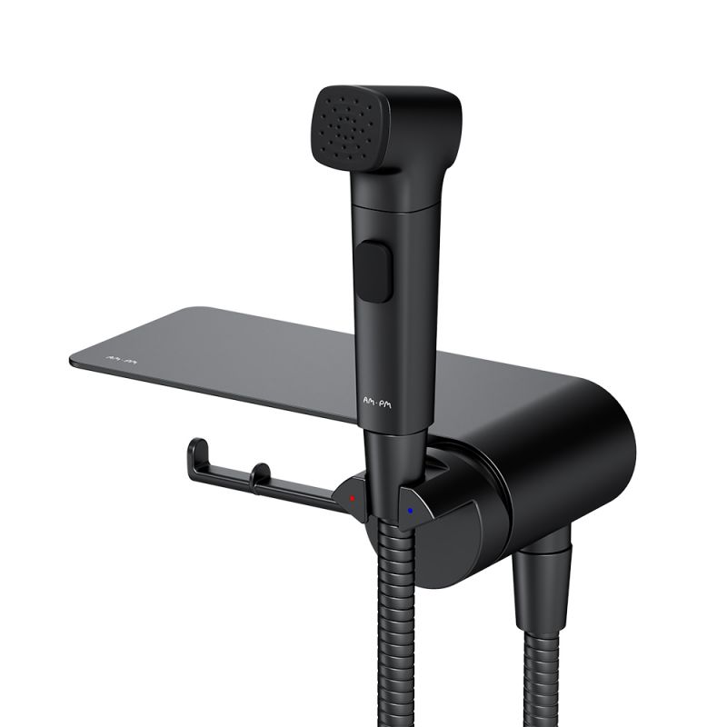 Смеситель, монтируемый в стену с гигиеническим душем и полкой AM.PM Func F0H8F922, черный