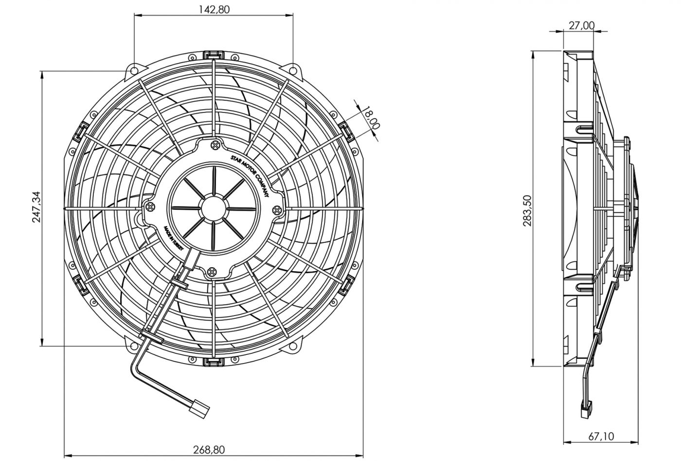 STR104 ОСЕВОЙ ВЕНТИЛЯТОР 10" ДЮЙМОВ 120 ВАТТ 24 ВОЛЬТ PUSH / ТОЛКАЮЩИЙ