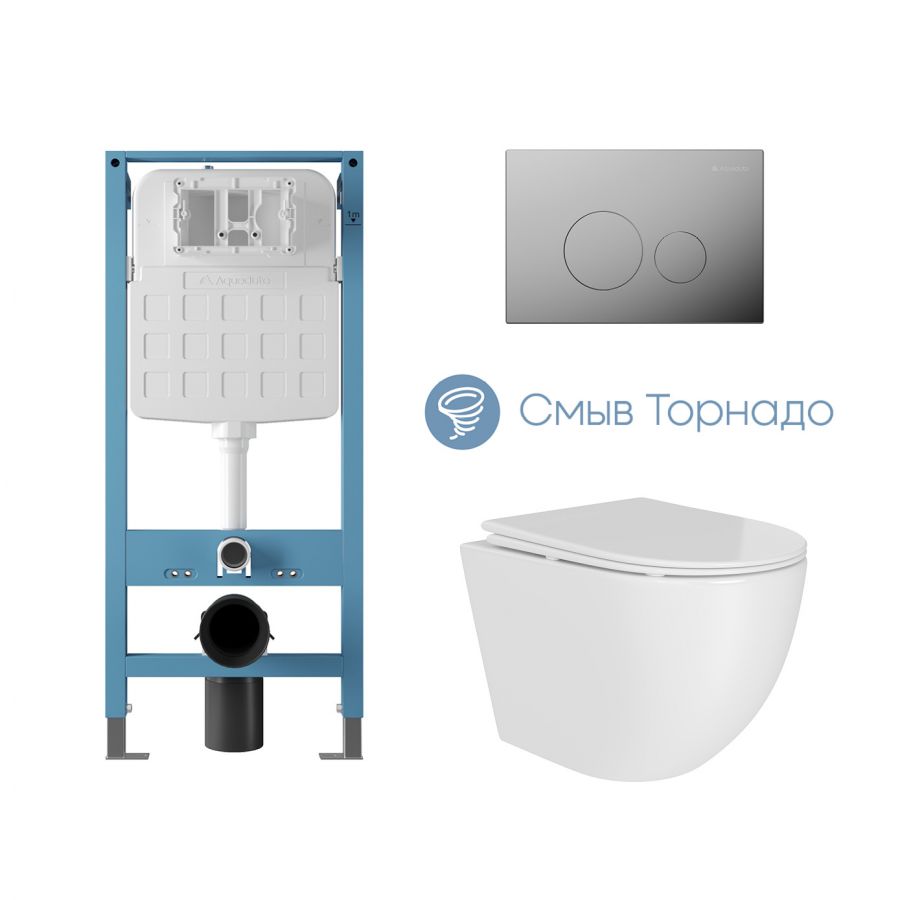 Aqueduto комплект: TECNICA Novo Система инсталляции для подвесного унитаза, CIRCULO Novo Панель смыва, хром, OVO Daily Унитаз подвесной 480*360 безободковый, Tornado, сиденье с микролифтом, белый глянцевый
