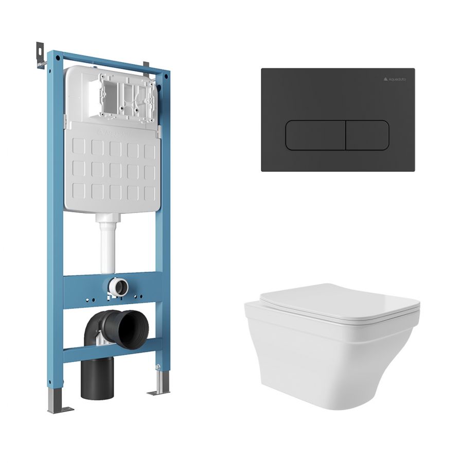 Aqueduto комплект:  TECNICA Novo Система инсталляции для подвесного унитаза, FORMA Панель смыва, черный матовый, ESTETA Унитаз подвесной 520*370 безободковый, сиденье с микролифтом, белый глянцевый