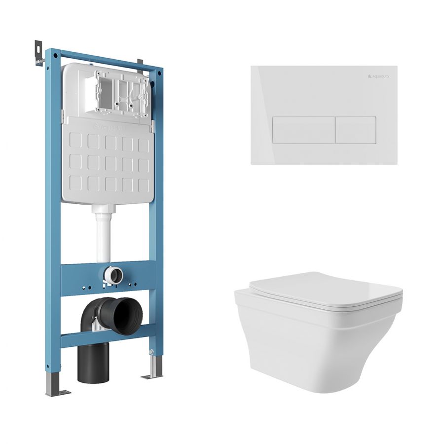 Aqueduto комплект:  TECNICA Novo Система инсталляции для подвесного унитаза, RETANGULO Novo, Панель смыва, белый матовый,ESTETA Унитаз подвесной 520*370 безободковый, сиденье с микролифтом, белый глянцевый