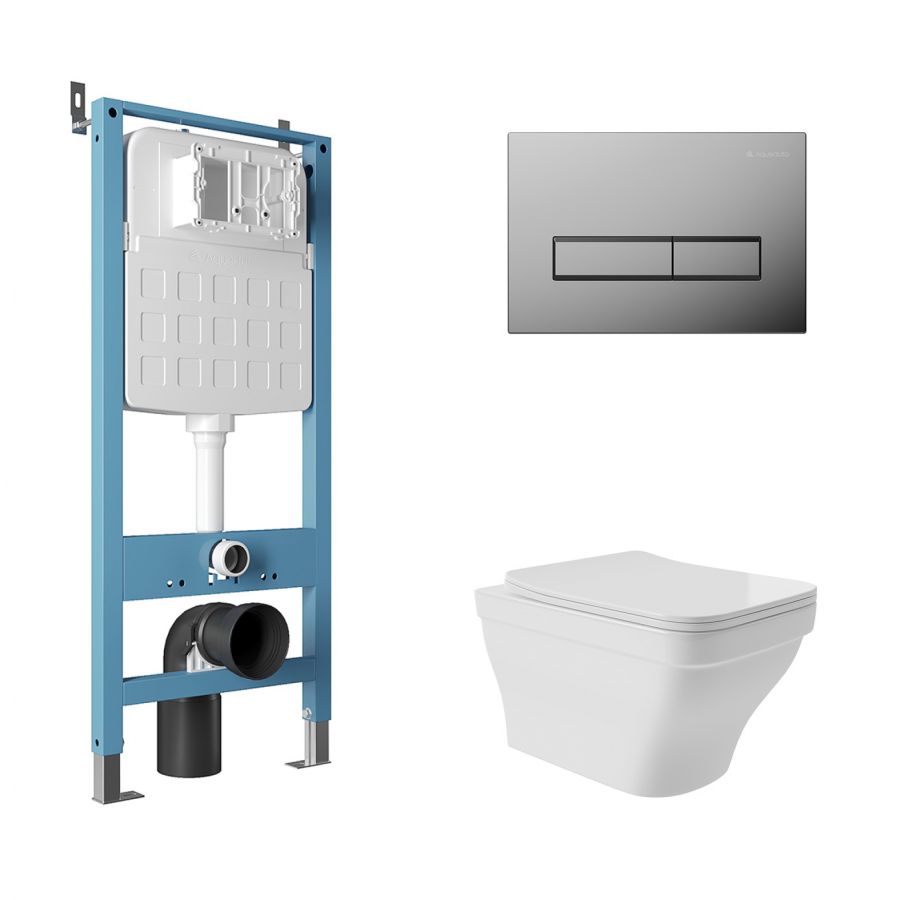 Aqueduto комплект:  TECNICA Novo Система инсталляции для подвесного унитаза, RETANGULO Панель смыва, хром, ESTETA Унитаз подвесной 520*370 безободковый, сиденье с микролифтом, белый глянцевый