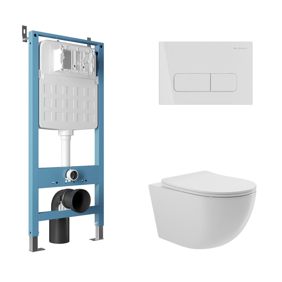 Aqueduto комплект: TECNICA Novo Система инсталляции для подвесного унитаза, FORMA Панель смыва, белый глянцевый, OVO Унитаз подвесной 525*360 безободковый, сиденье с микролифтом, белый глянцевый