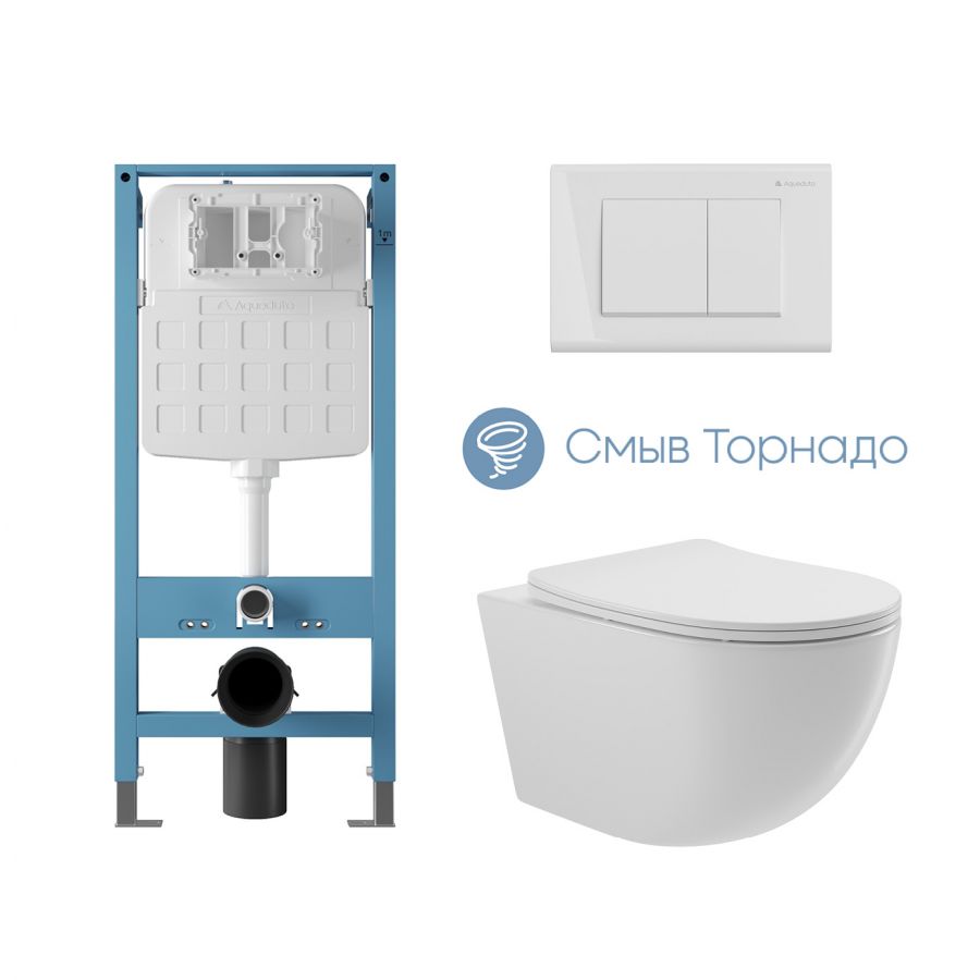 Aqueduto комплект: TECNICA Novo Система инсталляции для подвесного унитаза, QUADRADO Панель смыва, белый глянцевый, OVO Tornado Унитаз подвесной 525*360 безободковый, Tornado, сиденье с микролифтом, белый глянцевый