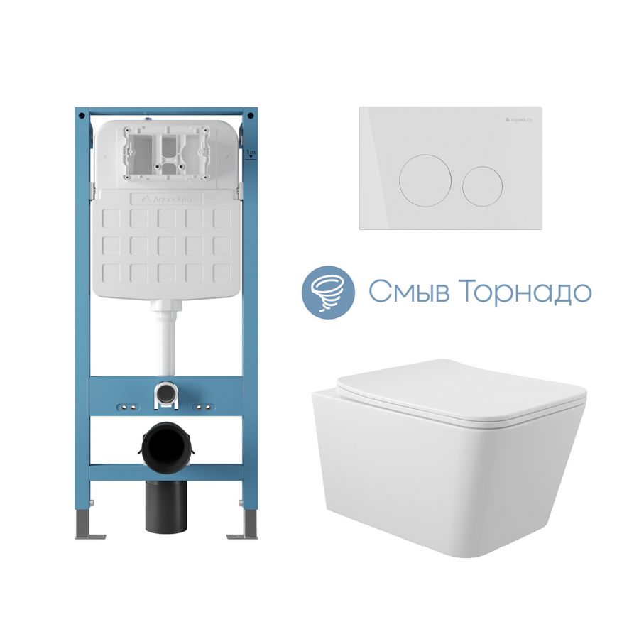 Aqueduto комплект: TECNICA Novo Система инсталляции для подвесного унитаза, CIRCULO Панель смыва, белый глянцевый, MACIO Tornado Унитаз подвесной 520*370 безободковый, Tornado, сиденье с микролифтом, белый глянцевый