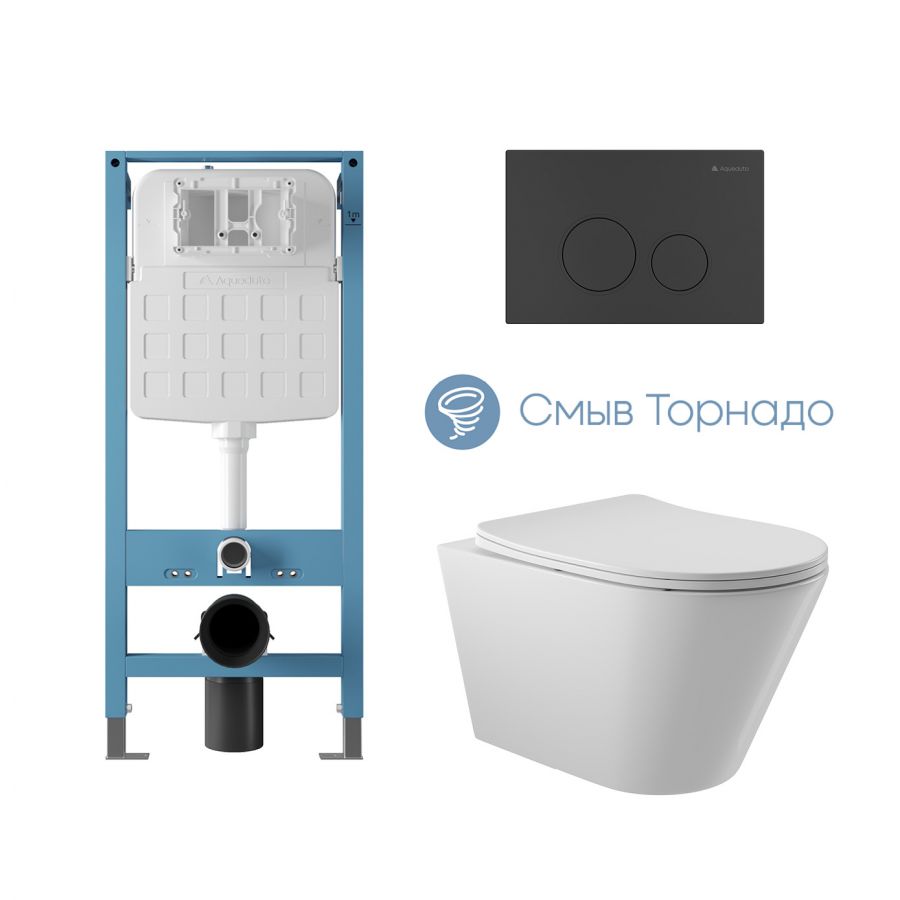 Aqueduto комплект: TECNICA Novo Система инсталляции для подвесного унитаза, CIRCULO Панель смыва, черный матовый, CONE Tornado Унитаз подвесной 525*360 безободковый, Tornado, сиденье с микролифтом, белый глянцевый