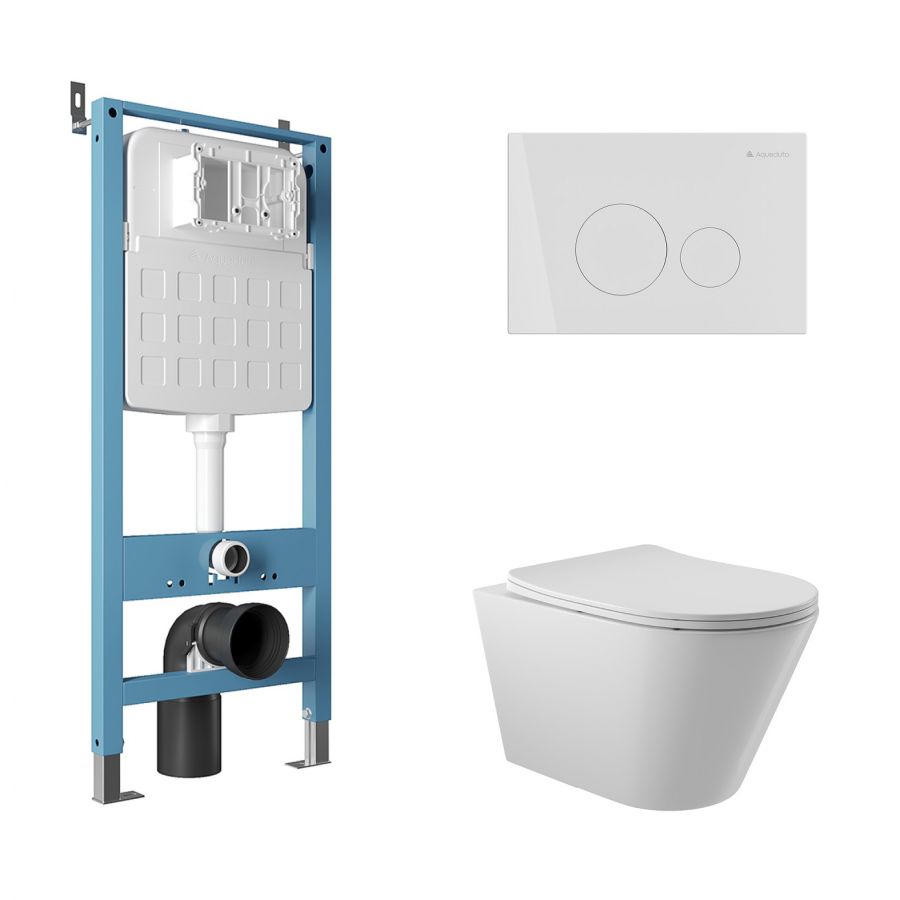Aqueduto комплект:  TECNICA Novo Система инсталляции для подвесного унитаза,  CIRCULO Novo  Панель смыва, белый глянцевый,CONE Унитаз подвесной 525*360 безободковый, сиденье с микролифтом, белый глянцевый