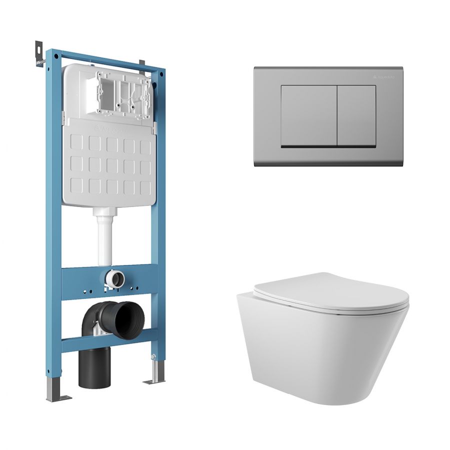 Aqueduto комплект: TECNICA Novo Система инсталляции для подвесного унитаза, QUADRADO Панель смыва, хром, CONE Унитаз подвесной 525*360 безободковый, сиденье с микролифтом, белый глянцевый