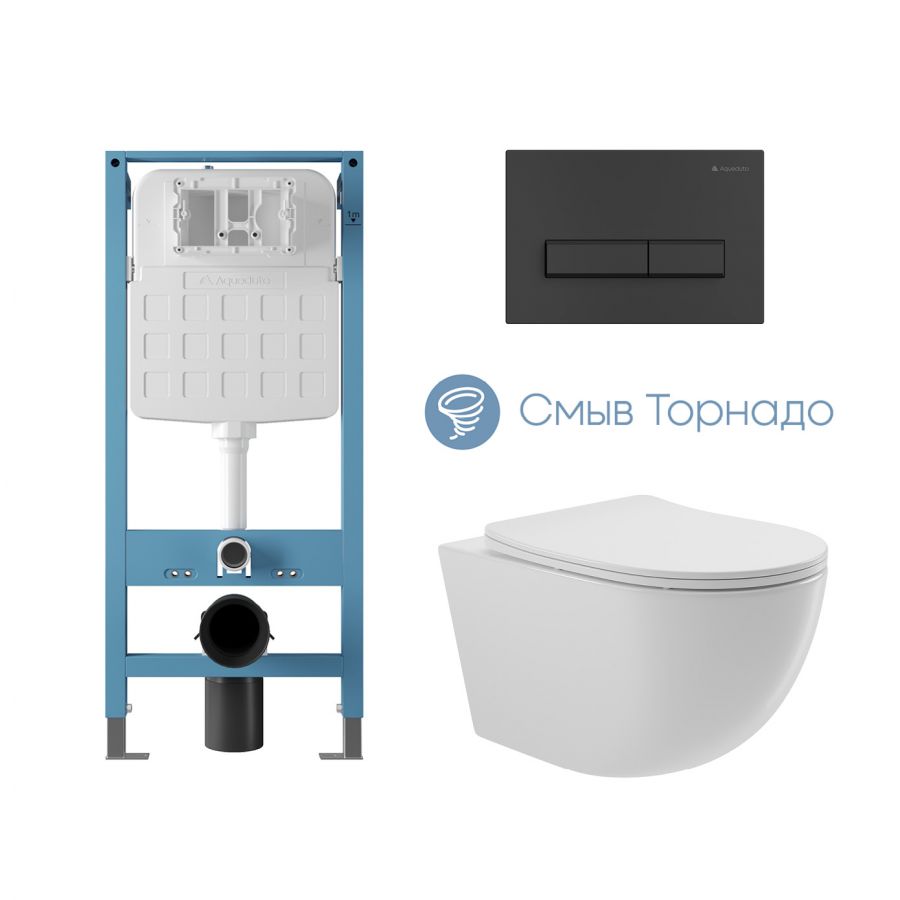 Aqueduto комплект: TECNICA Novo Система инсталляции для подвесного унитаза, RETANGULO Панель смыва, черный матовый, OVO Tornado Унитаз подвесной 525*360 безободковый, Tornado, сиденье с микролифтом, белый глянцевый