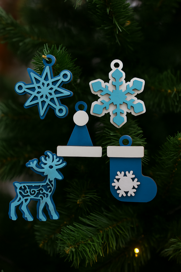 Набор новогодних игрушек снежинки, олень, шапка и варежка