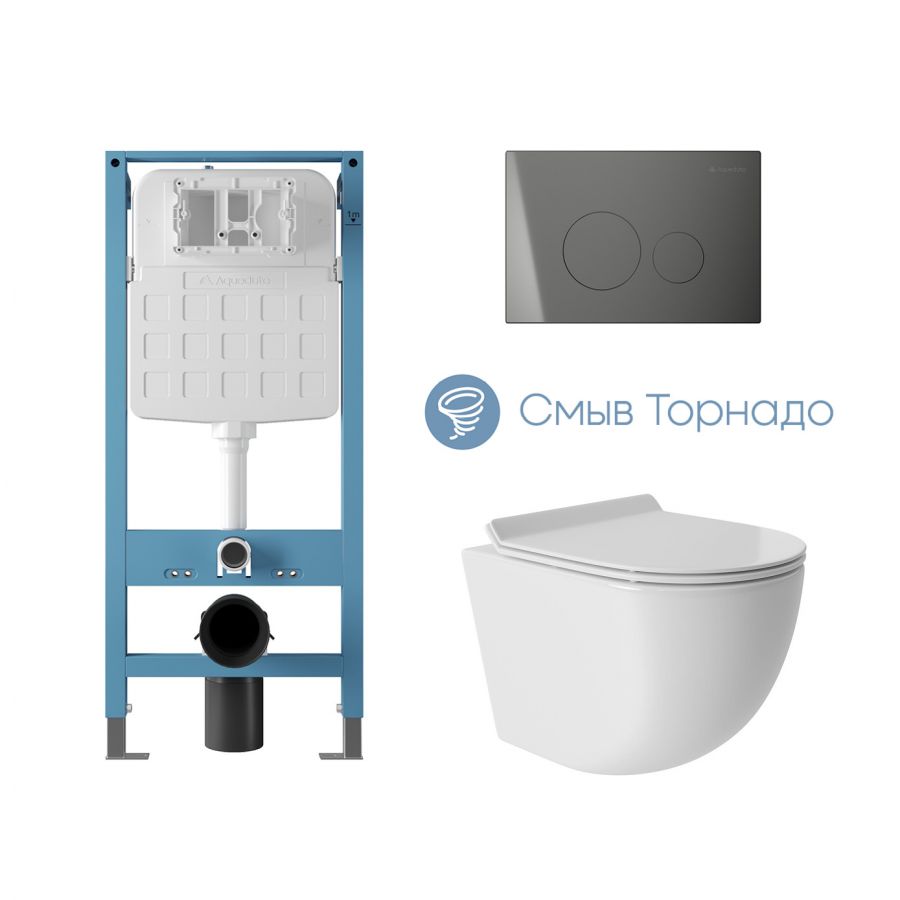 Комплект Aqueduto: Система инсталляции TECNICA Novo, Панель смыва CIRCULO Novo, Gun Metal, Унитаз подвесной OVO Tornado S 480*360 безободковый, Tornado, сиденье с микролифтом, белый глянцевый