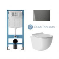 Комплект Aqueduto: Система инсталляции TECNICA Novo, Панель смыва CIRCULO Novo, Gun Metal, Унитаз подвесной OVO Tornado S 480*360 безободковый, Tornado, сиденье с микролифтом, белый глянцевый