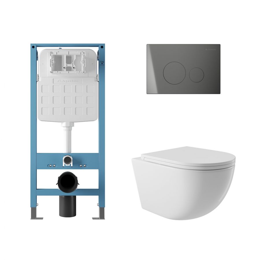 Aqueduto комплект: TECNICA Novo Система инсталляции для подвесного унитаза, CIRCULO Novo Панель смыва, Gun Metal, OVO Унитаз подвесной 525*360 безободковый, сиденье с микролифтом, белый глянцевый